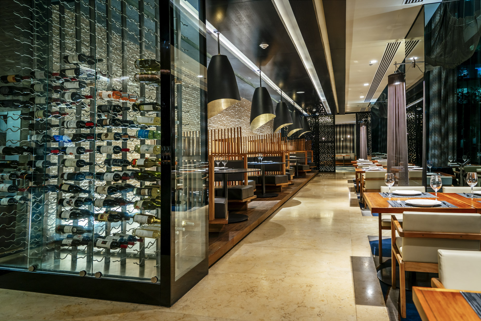 Hilton high end restaurant with glass wine case
