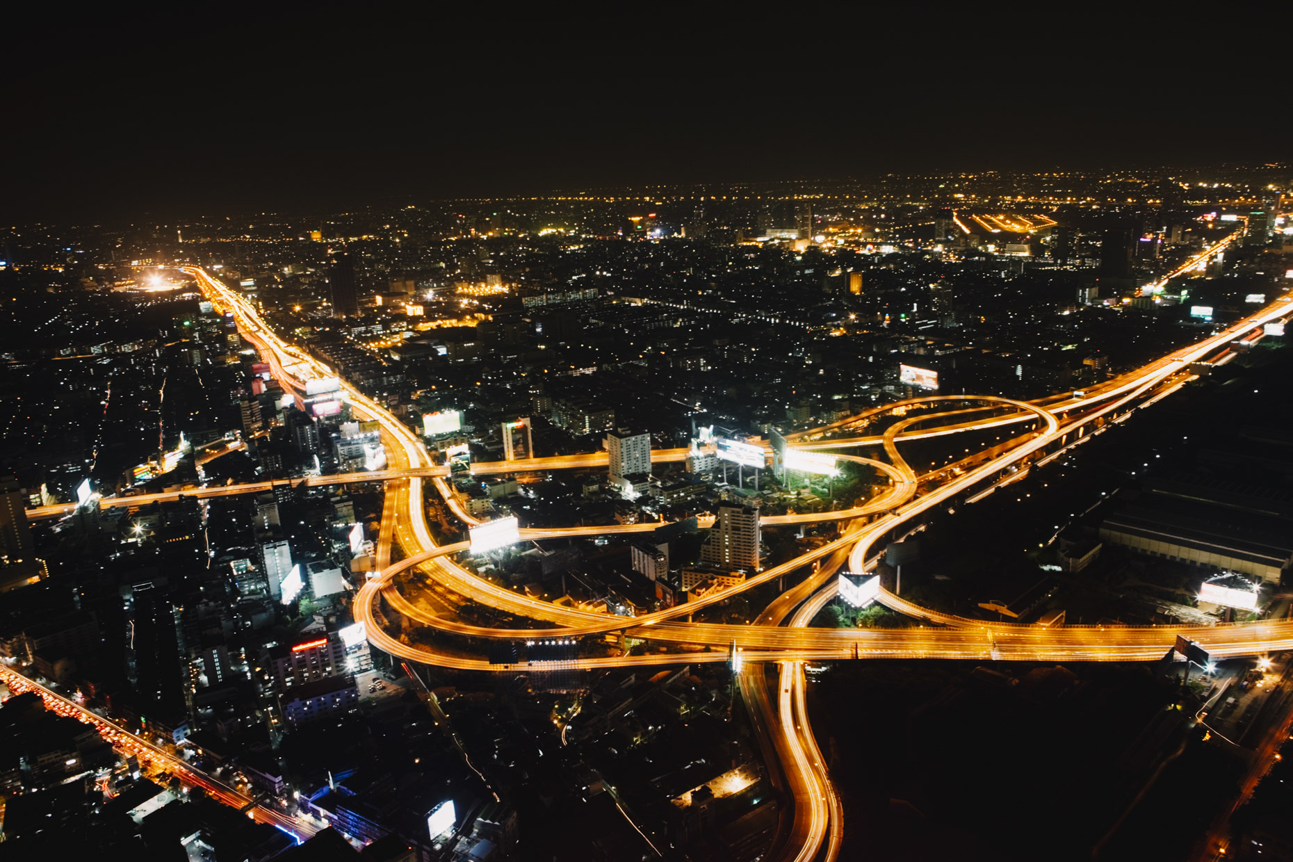 Overhead nightime shot of Bangkok Thailand at night