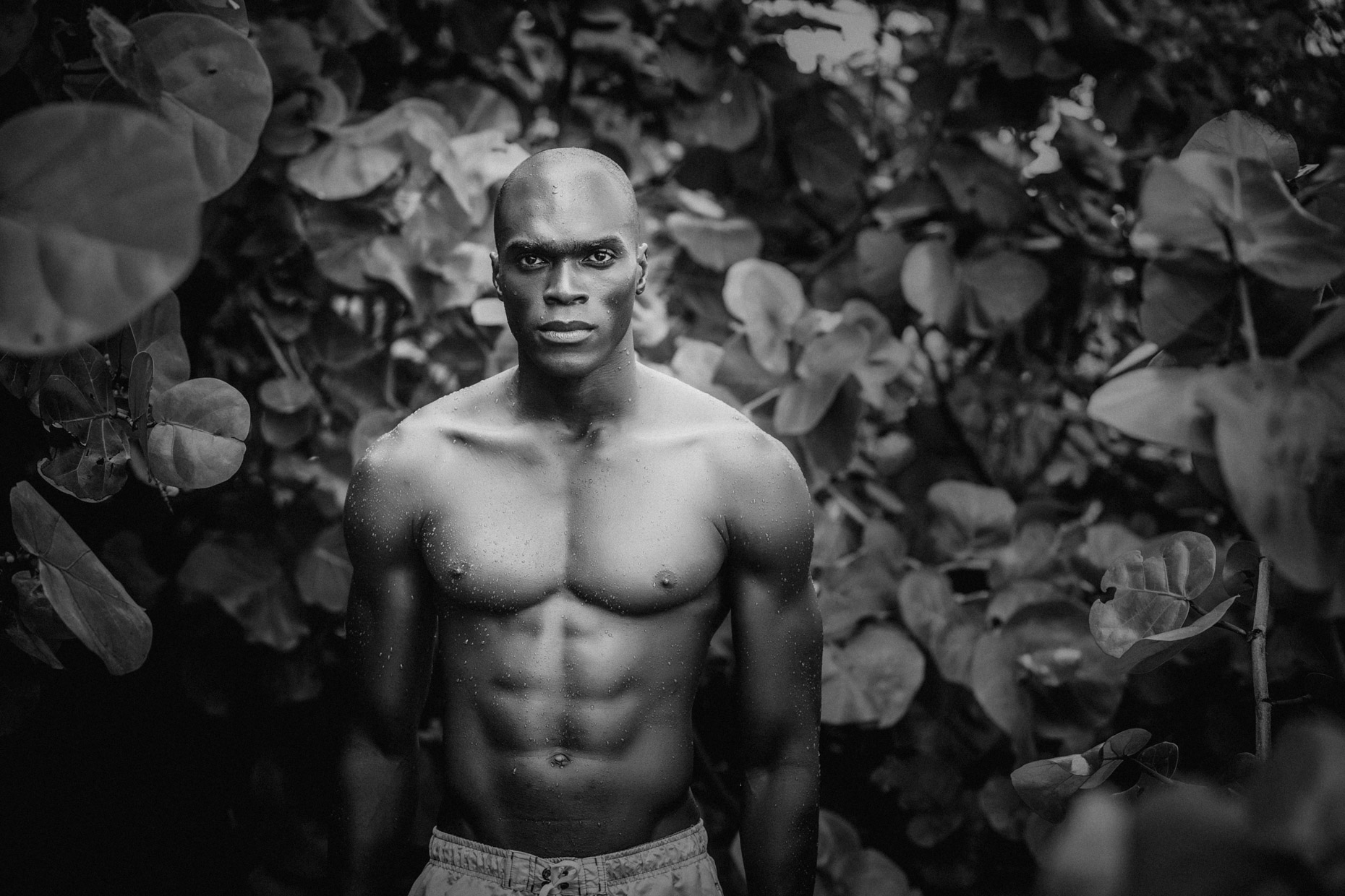Portrait of muscled fit black bald shirtless man standing in tropical forest