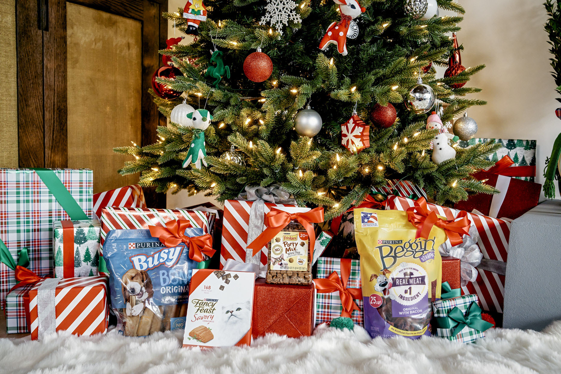 Purina pet treats under Christmas tree